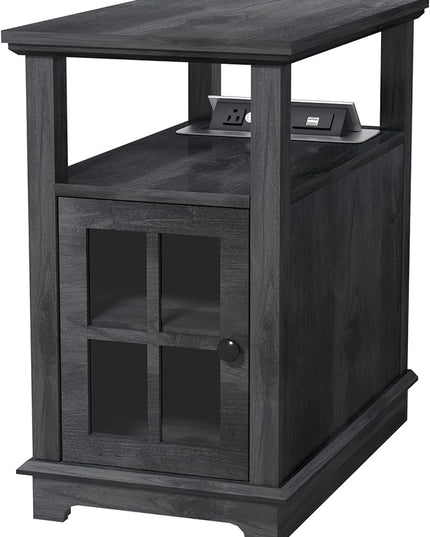 HIFYOBRO Narrow End Table with Flip Top Charging Station and Storage Cabinet, Type-C & USB port & Power outlets, Adjustable Shelf, Side Table with Storage for Living Room and Bedroom - LeafyLoom