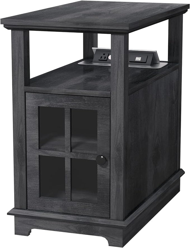 HIFYOBRO Narrow End Table with Flip Top Charging Station and Storage Cabinet, Type-C & USB port & Power outlets, Adjustable Shelf, Side Table with Storage for Living Room and Bedroom - LeafyLoom