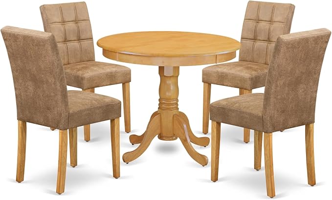 East West Furniture ANAS5-OAK-28 Antique 5 Piece Mid Century Dining Set Includes A Dinning Table and 4 Brown Textured Faux Leather Padded Chairs, Oak, 36x36 Inch - LeafyLoom