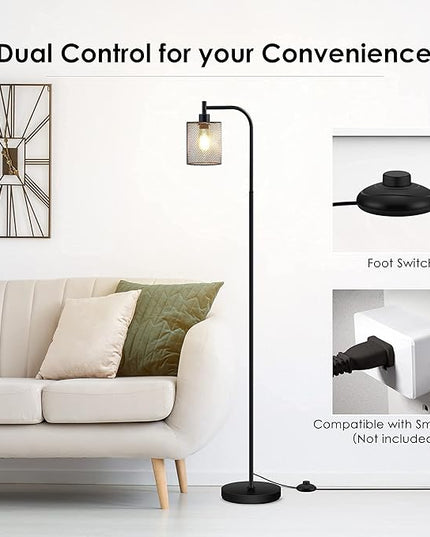BoostArea Industrial Floor Lamp, Standing Lamp with Hanging Iron Mesh Lamp Shade, 6W LED Bulb, Whole Metal Farmhouse Floor Lamp with Foot Switch, Rustic Floor Lamps for Living Room Bedroom, Black - LeafyLoom