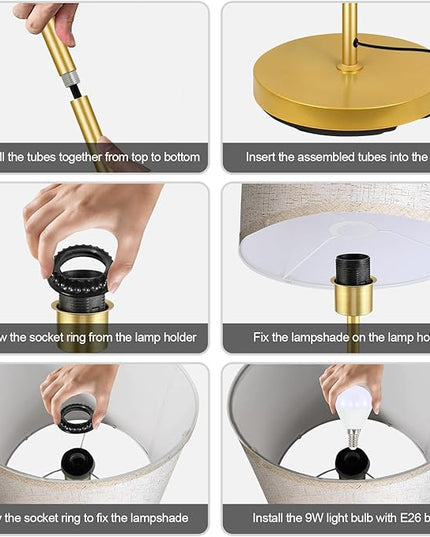Gold Floor Lamps for Living Room, Bright Standing Lamp with 3 Color Temperatures(9W Bulb), Beige Linen Lampshade, Foot Switch, Simple Reading Floor Lamps Tall Lamps for Bedroom/Office/Den/Classroom - LeafyLoom
