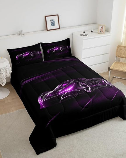 Feelyou Purple Race Car Bedding Set Twin Size for Kids Boys Extreme Sport Games Comforter Set Teens Toddler Fast and Furious Duvet Set Cool Modern Quilt Set 2Pcs - LeafyLoom
