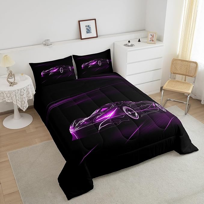 Feelyou Purple Race Car Bedding Set Twin Size for Kids Boys Extreme Sport Games Comforter Set Teens Toddler Fast and Furious Duvet Set Cool Modern Quilt Set 2Pcs - LeafyLoom