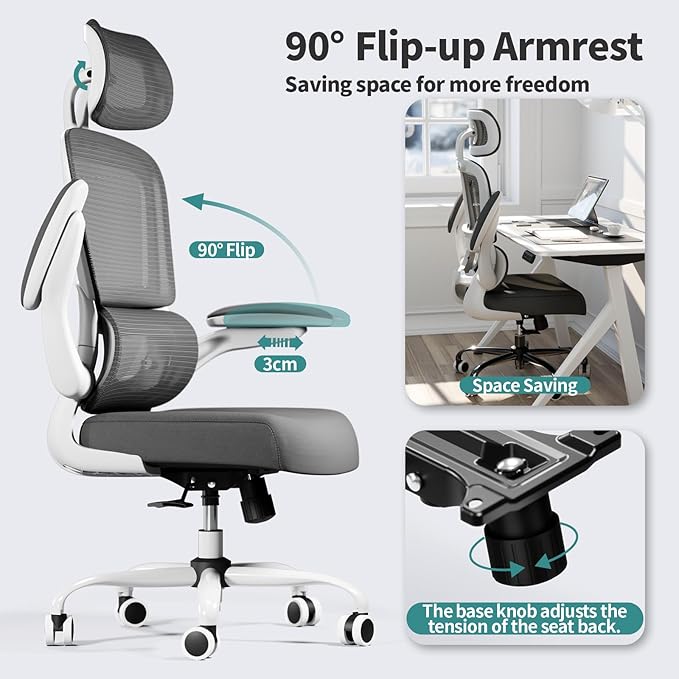 Office Chair Ergonomic Desk Chair, 330 LBS Home Mesh Office Desk Chairs with Wheels, Comfortable Gaming Chair, High Back Office Chair for Long Hours, Office Chair for Study and Work (White) - LeafyLoom