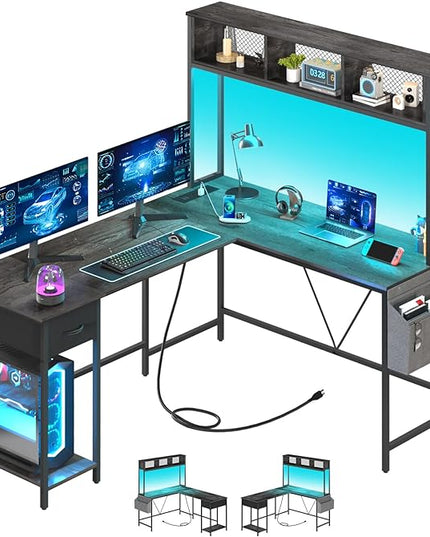 Yoobure L Shaped Desk Gaming Desk with LED Strip & Power Outlet, Reversible L-Shaped Computer Desk with Storage Shelf & Drawer, Corner Desk with Storage Bag, 2 Person Home Office Desk, Gray - LeafyLoom
