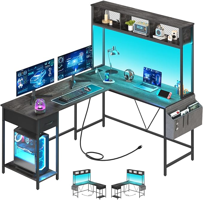 Yoobure L Shaped Desk Gaming Desk with LED Strip & Power Outlet, Reversible L-Shaped Computer Desk with Storage Shelf & Drawer, Corner Desk with Storage Bag, 2 Person Home Office Desk, Gray - LeafyLoom