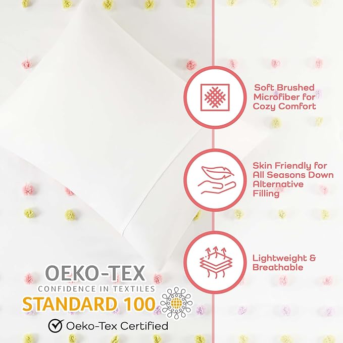 Mi Zone Kids Queen Comforter Set, Fun and Adorable Multi-Color Clipped Jacquard Pompom Bedding, Microfiber Lightweight All Seasons Down Alternative Bedding, Sham, Cora, Full/Queen Pink Multi 3 Piece - LeafyLoom