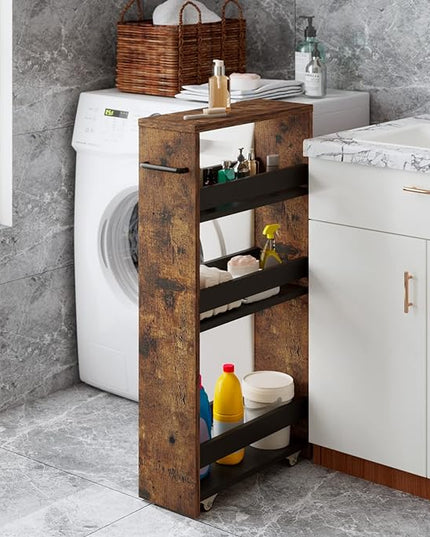 MARTY Slim Rolling Cart 4-Tier Utility Carts with Wheels Handle, Kitchen Storage Cart Slide Out Mobile Shelving Unit Organizer for Bathroom Laundry Room Organization Narrow Places (Rustic Brown) - LeafyLoom