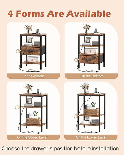 SUPERJARE Nightstand Set of 2, Bed Side Tables with Charging Station, Adjustable Fabric Drawer, Night Stand for Bedroom, 3-Tier Storage End Tables, for Living Room, Rustic Brown - LeafyLoom