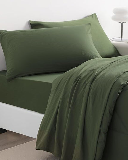 NTBAY Twin Comforter Set with Sheets, 5 Pieces Soft and Breathable Twin Bedding Set, Twin Bed in a Bag, Down Alternative Comforter Set Solid Color All Season, Kids Bedding Set, Olive Green - LeafyLoom