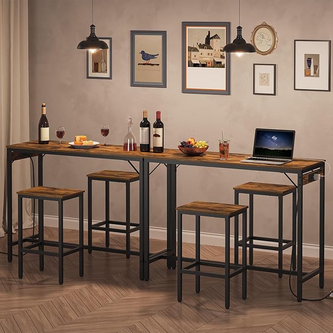 HOOBRO Bar Table Set with Power Outlet, 47.2“ Bar Table and Chairs Set, 3-Piece Pub Table Set, Kitchen Bar Height Table with Stools of 2, for Living Room, Dining Room, BF46UBT01 - LeafyLoom