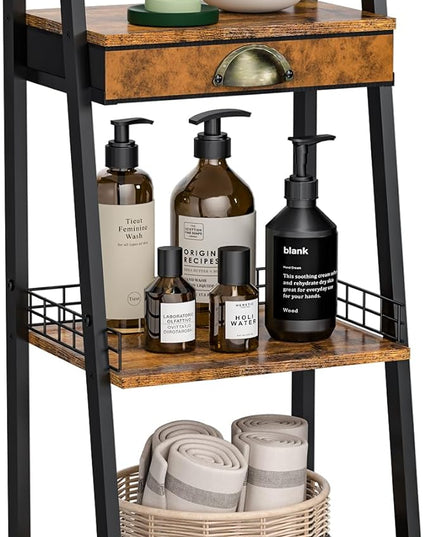 keomaisyto 3-Tier Bathroom Ladder Shelf, Bathroom Floor Storage Shelf with Drawer, Freestanding Tower Shelf, Open Shelving Unit for Bathroom Living Room Balcony - LeafyLoom