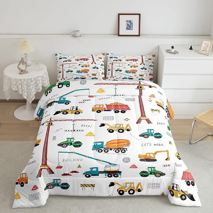 Heavy Machinery Truck Bedding Set Tractor Crane Comforter Set for Kids Boys Girls Youth Construction Site Comforter Nursery Decor Quilt Set Room 3Pcs Full Size - LeafyLoom