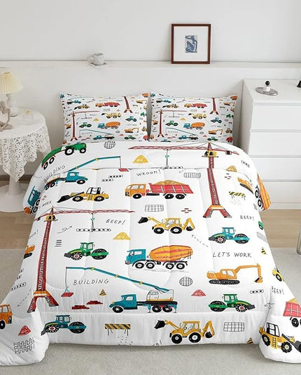 Feelyou Heavy Machinery Truck Bedding Set Tractor Crane Comforter Set for Kids Boys Girls Youth Construction Site Comforter Nursery Decor Quilt Set Room 2Pcs Twin Size - LeafyLoom