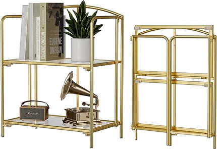 No Assembly Folding Bookshelf, 2 Tier Gold Bookshelf, Metal Book Shelf for Storage, Folding Bookcase for Office Organization and Storage, 12.6" D x 22.44" W x 28.74" H - LeafyLoom