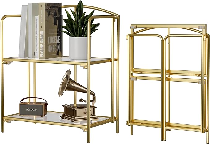 No Assembly Folding Bookshelf, 2 Tier Gold Bookshelf, Metal Book Shelf for Storage, Folding Bookcase for Office Organization and Storage, 12.6" D x 22.44" W x 28.74" H - LeafyLoom