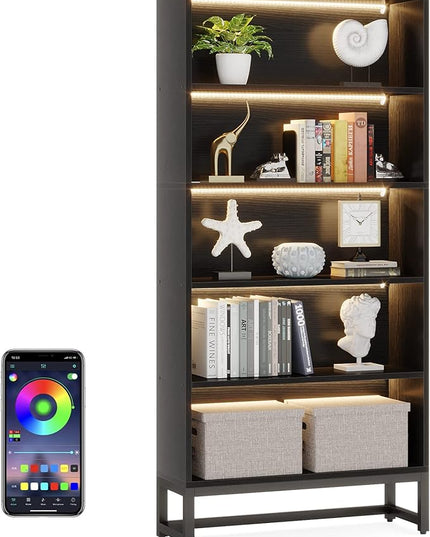 Tribesigns Tall Bookcase Black Bookshelf, 70.8” Large Bookcases Organizer with LED Lights, Heavy Duty Free-Standing Library Bookshelf with 5-Tier Storage Shelves for Living Room, Bedroom (Black) - LeafyLoom
