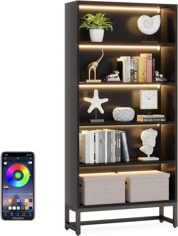 Tribesigns Tall Bookcase Black Bookshelf, 70.8” Large Bookcases Organizer with LED Lights, Heavy Duty Free-Standing Library Bookshelf with 5-Tier Storage Shelves for Living Room, Bedroom (Black) - LeafyLoom