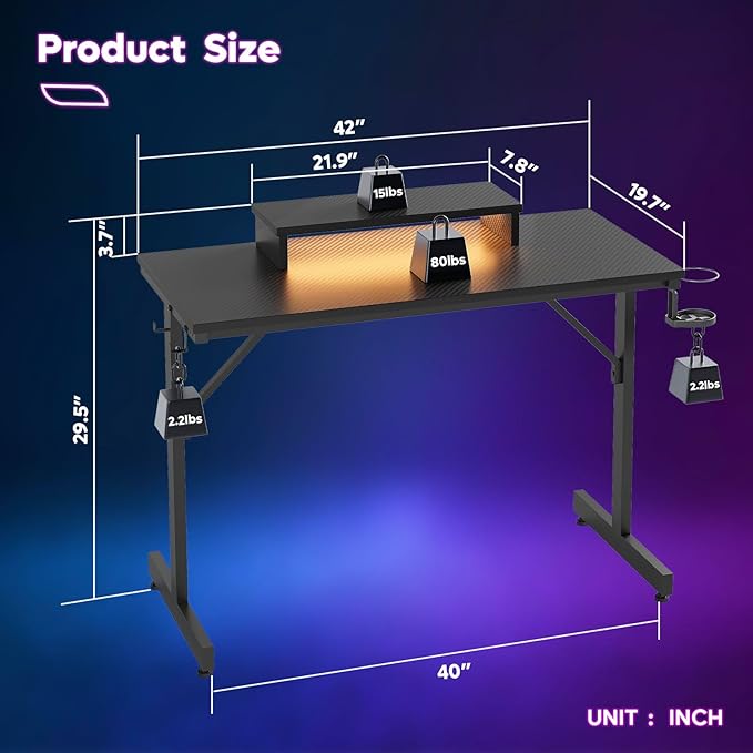 Bestier Small Gaming Desk with Monitor Stand, 42 inch LED Computer Desk, Gamer Workstation with Cup Holder & Headset Hooks, Modern Simple Style Desk for Home Office, Carbon Fiber Black - LeafyLoom