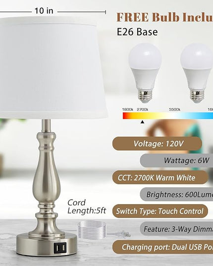 Table Lamps for Bedrooms Set of 2 - Touch Bedside Lamps with Dual USB Ports, 3 Way Dimmable White Nightstand Lamps for End Tables, Farmhouse Night Stand Lamps for Living Room Bed Side Guest Room - LeafyLoom