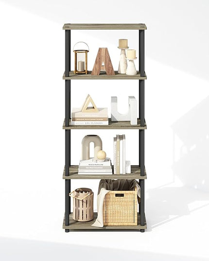 Furinno Turn-N-Tube 5-Tier Multipurpose Compact Display Rack, Shelving Unit, Bookcase, French Oak/Black - LeafyLoom