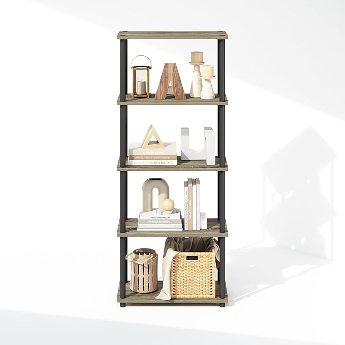 Furinno Turn-N-Tube 5-Tier Multipurpose Compact Display Rack, Shelving Unit, Bookcase, French Oak/Black - LeafyLoom