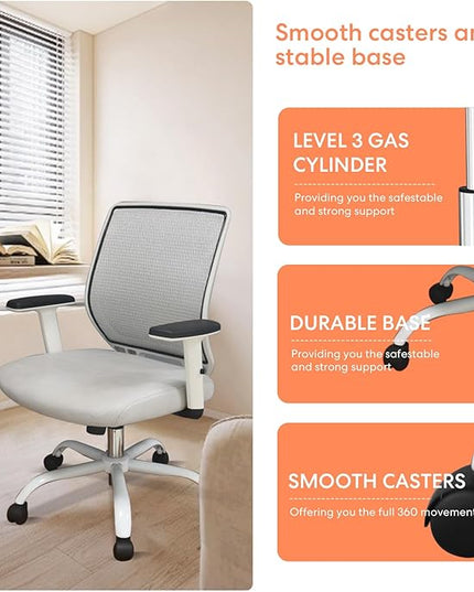 Schwake Ergonomic Office Chair Home Mesh Desk Chair with Adjustable Arms - Mid Back Computer Chairs for Adults - Swivel Task Chair Comfortable for Home Office (White &Grey) - LeafyLoom