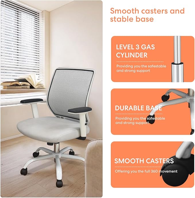 Schwake Ergonomic Office Chair Home Mesh Desk Chair with Adjustable Arms - Mid Back Computer Chairs for Adults - Swivel Task Chair Comfortable for Home Office (White &Grey) - LeafyLoom