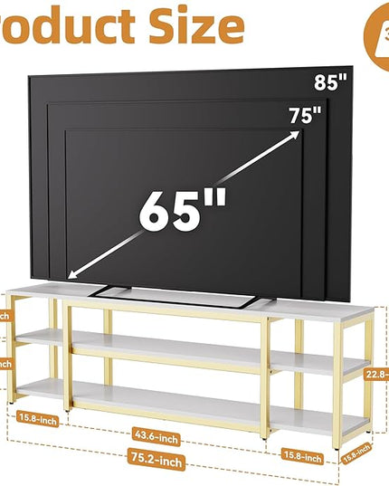 Aquzee 75in Long TV Stand for 32-85 Inch TVs, Under TV Console Table with 3-Tier Shelves, Industrial White TV Cabinet and Entertainment Center for Living Room, Bedroom, Gaming Room - LeafyLoom