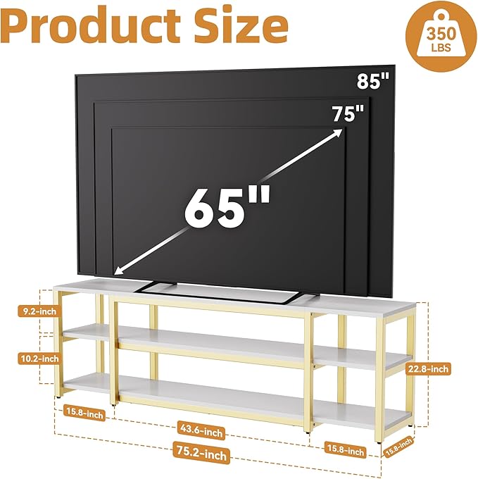 Aquzee 75in Long TV Stand for 32-85 Inch TVs, Under TV Console Table with 3-Tier Shelves, Industrial White TV Cabinet and Entertainment Center for Living Room, Bedroom, Gaming Room - LeafyLoom