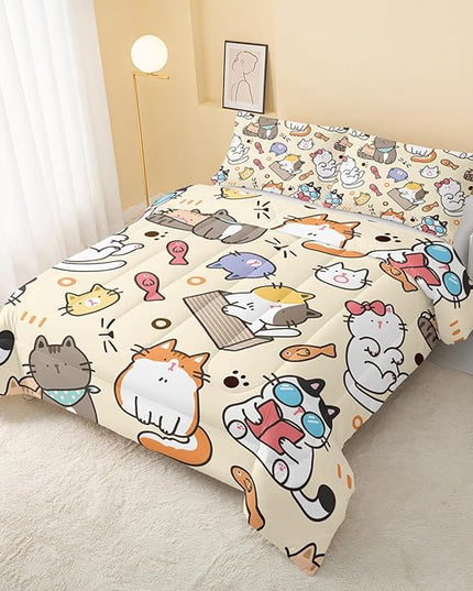 Kawaii Cat Comforter King,Kawaii Animals Comforter Set for Kids Teens Girls,3Pcs Bedding Set Printed Comforter with 2 Pillowcases,Down Alternative,Soft and Lightweight，King Size - LeafyLoom