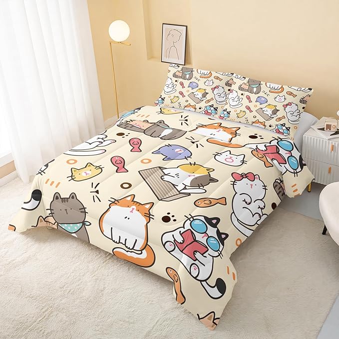 Kawaii Cat Comforter King,Kawaii Animals Comforter Set for Kids Teens Girls,3Pcs Bedding Set Printed Comforter with 2 Pillowcases,Down Alternative,Soft and Lightweight，King Size - LeafyLoom