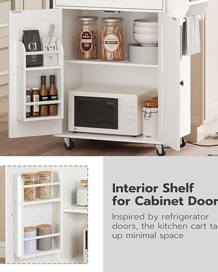 HOOBRO Kitchen Island with Power Outlet, Kitchen Storage Island with Large Worktop, Spice Rack and Drawer, Rolling Kitchen Cart on Wheels, for Kitchen and Dining Room, White and Natural WN88UZD01 - LeafyLoom
