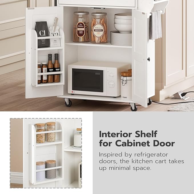 HOOBRO Kitchen Island with Power Outlet, Kitchen Storage Island with Large Worktop, Spice Rack and Drawer, Rolling Kitchen Cart on Wheels, for Kitchen and Dining Room, White and Natural WN88UZD01 - LeafyLoom