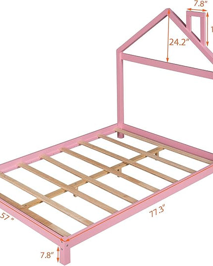 Jintop Full Size Wood Platform Chimney and House-Shaped Headboard,Bedroom Furniture Bed Frame W/ 10 Slat Support,Easy to Install,for Teens Kids Girls Boys,Pink - LeafyLoom