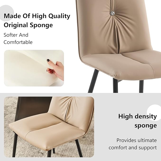 YOUTASTE Dining Chairs Set of 2 Mid Century Modern Upholstered Kitchen Chairs Soft Padded Side Chairs Leather Dinner Chairs with Metal Legs for Living Room Bedroom, Khaki - LeafyLoom