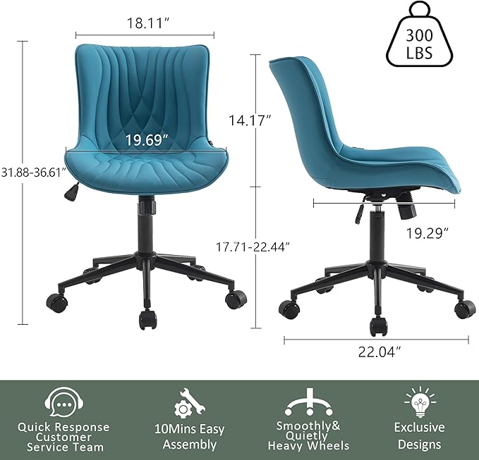 YOUTASTE Office Chair with Wheels Modern Armless Desk Chair, Adjustable Swivel Rolling Computer Task Chair, Faux Leather Sewing Chairs with Ergonomic Rocking Back Gaming Chair, Bright Blue - LeafyLoom