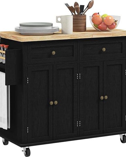 HOMCOM Kitchen Island on Wheels, Rolling Cart with Rubberwood Top, Spice Rack, Towel Rack and Drawers for Dining Room, Distressed Black - LeafyLoom