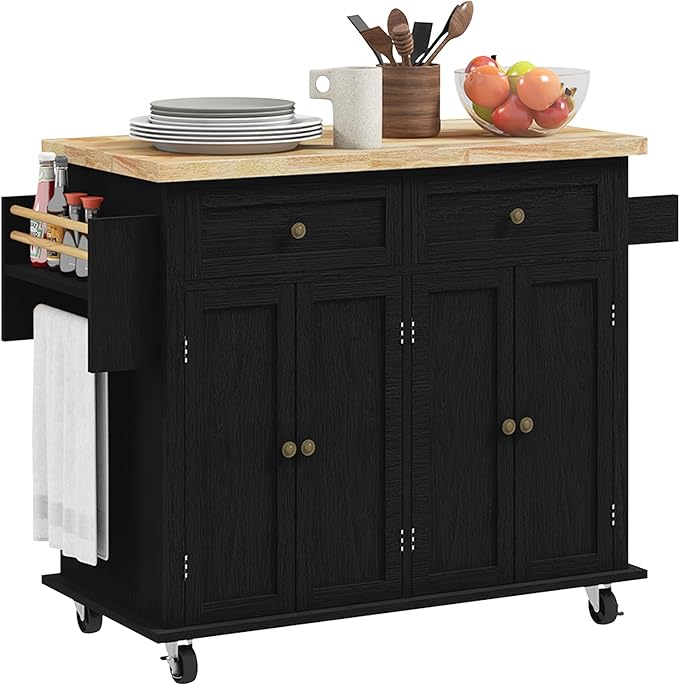 HOMCOM Kitchen Island on Wheels, Rolling Cart with Rubberwood Top, Spice Rack, Towel Rack and Drawers for Dining Room, Distressed Black - LeafyLoom