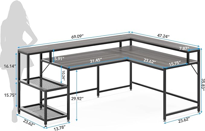 L-Shaped Desk with Monitor Shelf,Corner Computer Desk with Storage, Gray - LeafyLoom