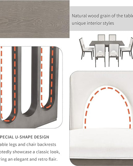 Wood 7-Piece Dining Set for 6, Wooden Rectangular Table and Six Upholstered Chairs for Dinette Room and Kitchen, Grey, 60" L x 36" W x 30" H, Gray+Beige - LeafyLoom