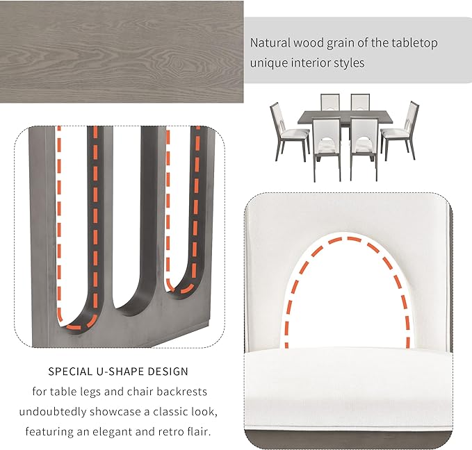 Wood 7-Piece Dining Set for 6, Wooden Rectangular Table and Six Upholstered Chairs for Dinette Room and Kitchen, Grey, 60" L x 36" W x 30" H, Gray+Beige - LeafyLoom