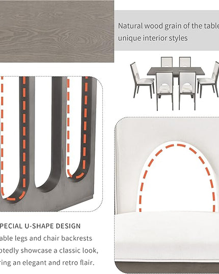 60 Inch Dining Table Set for 6, 7-Piece Rectangular Dining Table and 6 Upholstered Chairs with Special U-Shape Design, Wood Kitchen Table Set for Dining Room, Grey+Beige - LeafyLoom