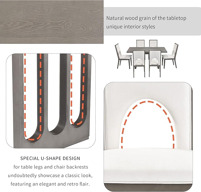 60 Inch Dining Table Set for 6, 7-Piece Rectangular Dining Table and 6 Upholstered Chairs with Special U-Shape Design, Wood Kitchen Table Set for Dining Room, Grey+Beige - LeafyLoom