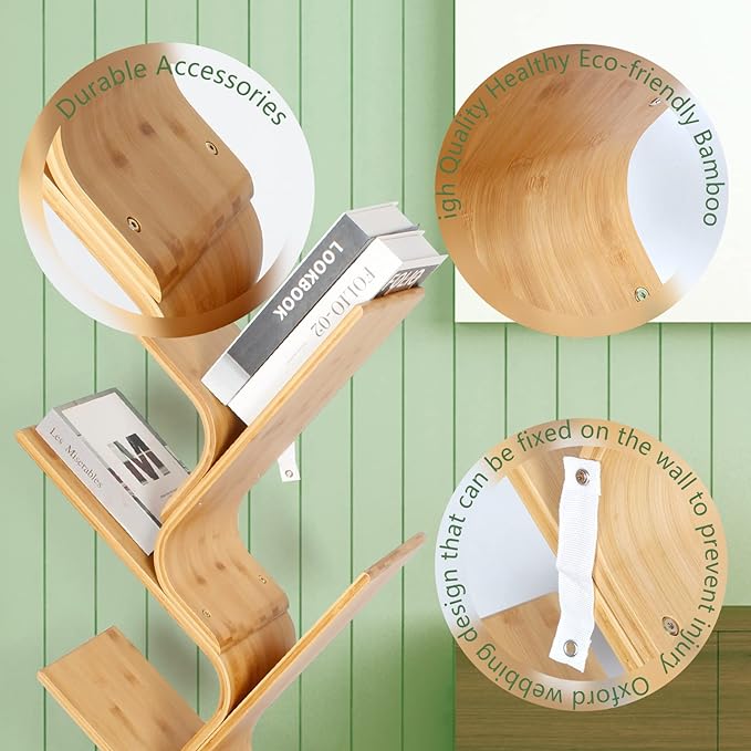 6-Tier Floor Bamboo Tree Bookshelf, Modern Standing Bookcase Office Book Storage Creative Curved Rack Organizer Shelves, Book Shelf Space Saver for Home Living Room Corner Bedroom - LeafyLoom