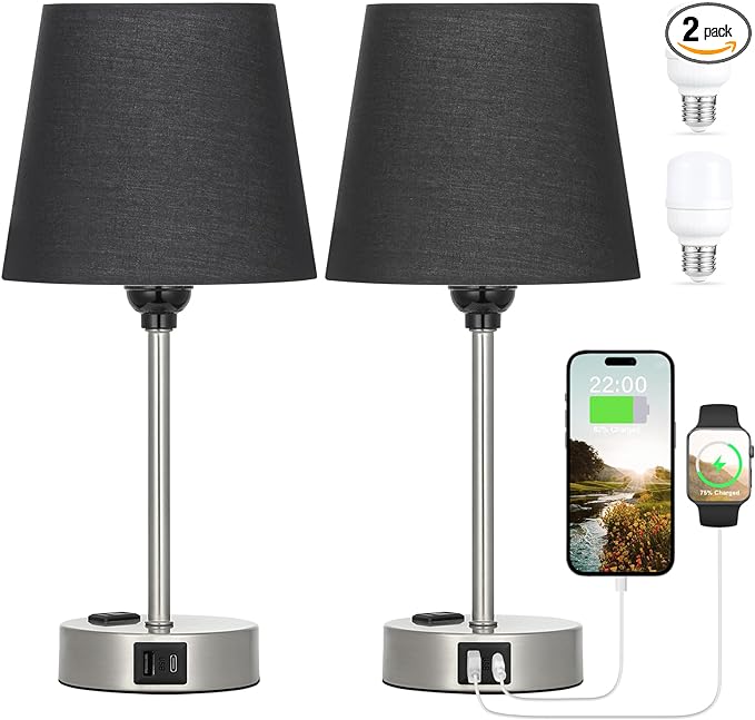 Table Lamps for Bedrooms Set of 2 Bedside - Nightstand Bedroom Lamp with USB C Port and AC Outlet Charging, Dimmable Touch Small End Side Lamp, Black Night Stand Light for Kid/Guest Room/Living Room - LeafyLoom