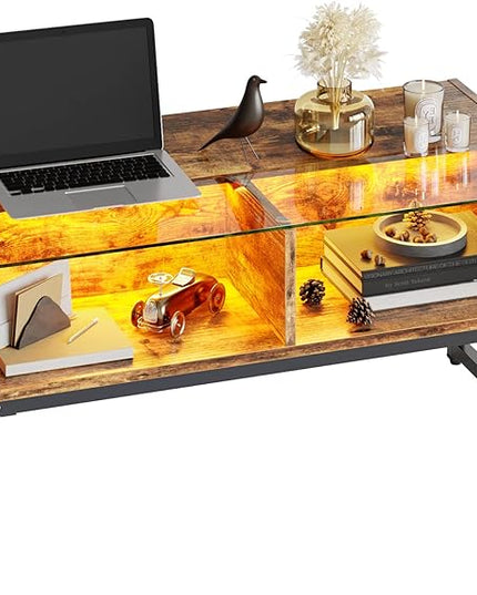 Bestier LED Coffee Tables for Living Room, 42 Inch Wood Center Table with Glass Top for Game Night. Rustic Brown - LeafyLoom