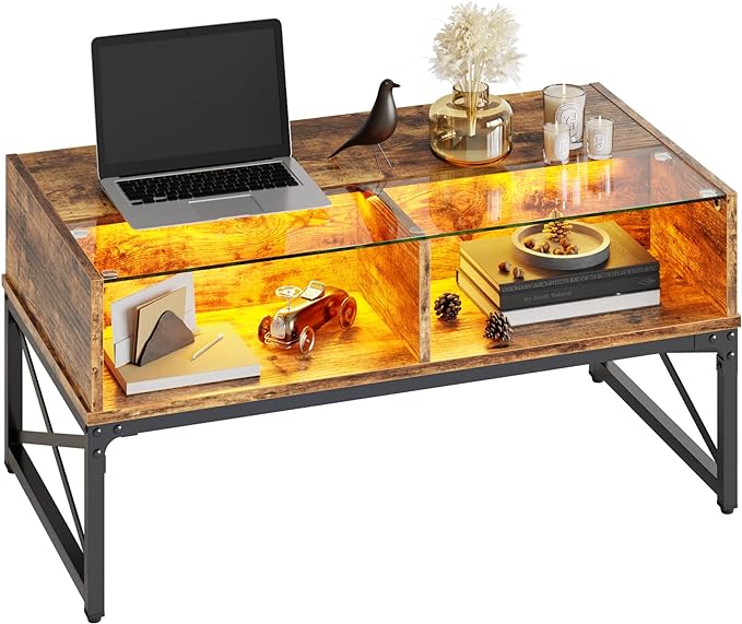 Bestier LED Coffee Tables for Living Room, 42 Inch Wood Center Table with Glass Top for Game Night. Rustic Brown - LeafyLoom