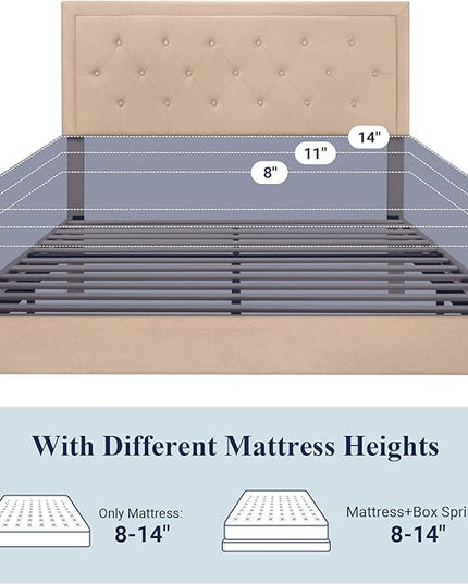 Allewie Full Size Button Tufted Platform Bed Frame/Fabric Upholstered Bed Frame with Adjustable Headboard/Wood Slat Support/Mattress Foundation/Beige (Full) - LeafyLoom