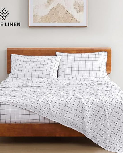 LANE LINEN 100% Organic Cotton Sheets Queen, 4-Piece Bed Sheets Queen Size Cotton, Luxury Sheets, Percale Weave,Breathable Bed Sheets Queen Size Deep Pockets Fits Upto 15" - Windowpane - LeafyLoom